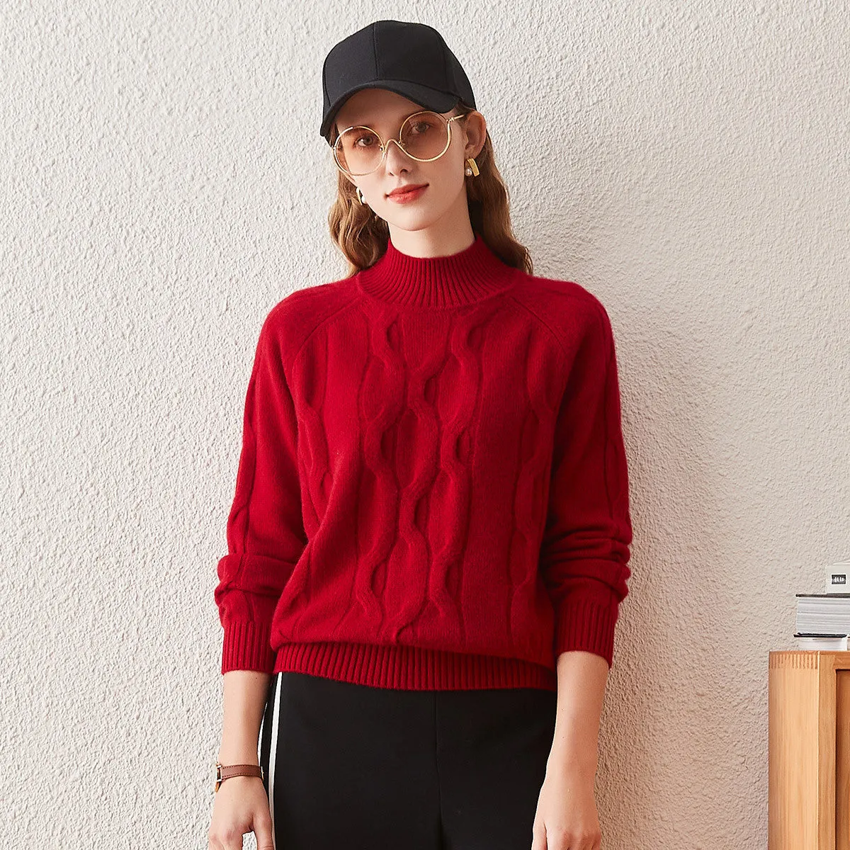 100% Cashmere Ribbed Cable Knit Mock Neck Sweater