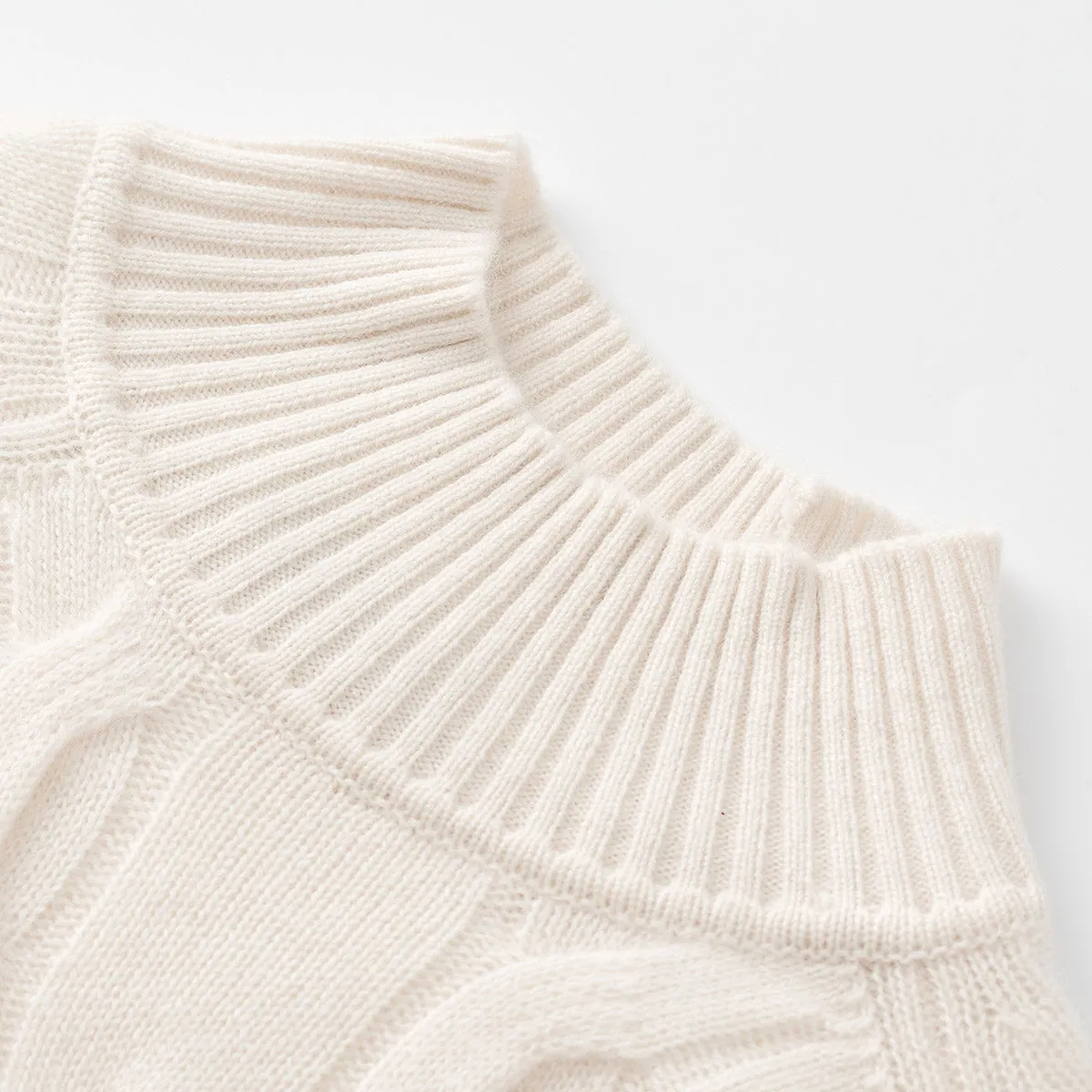 100% Cashmere Ribbed Cable Knit Mock Neck Sweater