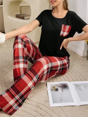 1pc Short Sleeve Plaid Wide Leg Casual Sleepwear Set