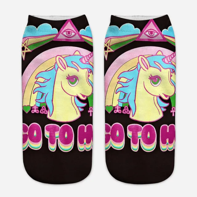 2017 Harajuku 3D Print Unicorn Socks Women Kawaii Ankle Licorne Chaussette Femme Calcetines Mujer Cute Emoji Art Socks D072