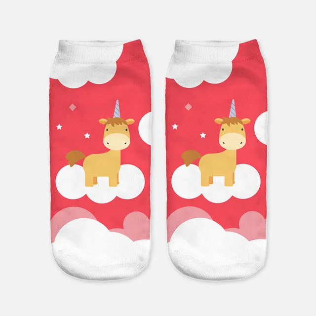 2017 Harajuku 3D Print Unicorn Socks Women Kawaii Ankle Licorne Chaussette Femme Calcetines Mujer Cute Emoji Art Socks D072