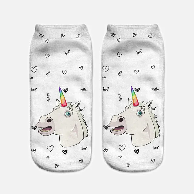 2017 Harajuku 3D Print Unicorn Socks Women Kawaii Ankle Licorne Chaussette Femme Calcetines Mujer Cute Emoji Art Socks D072