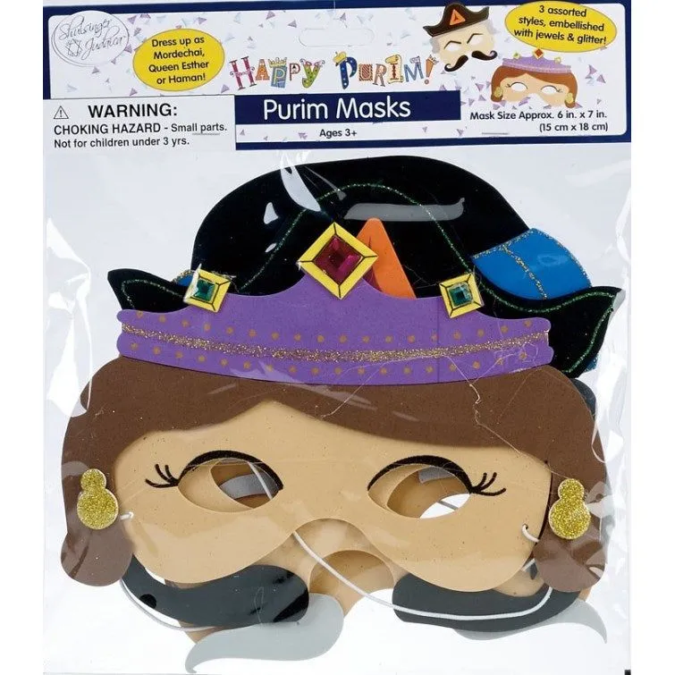 3 Embellished Purim Masks: Esther, Haman & Mordechai