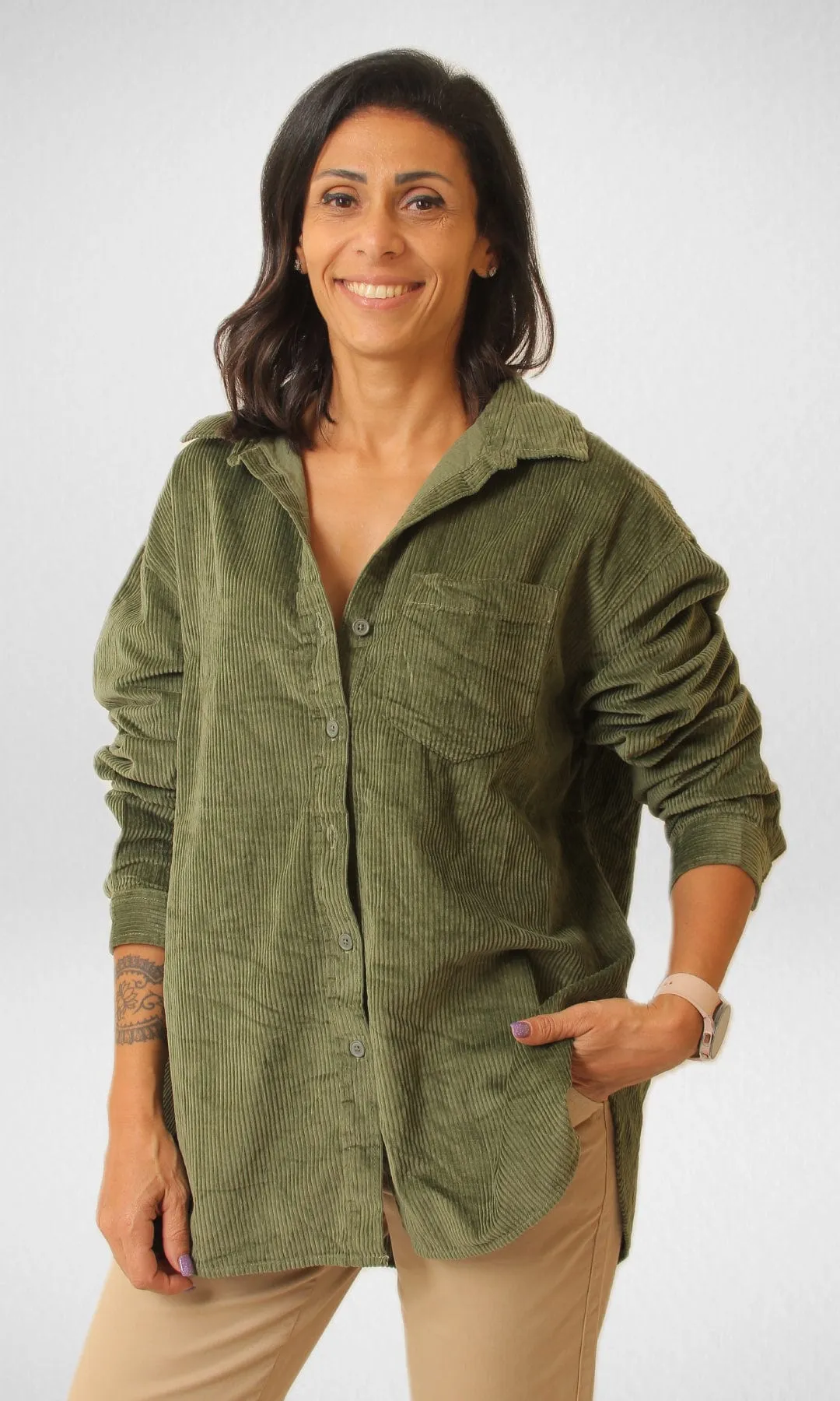 AE Women Velvet Shirt- Olive Oil