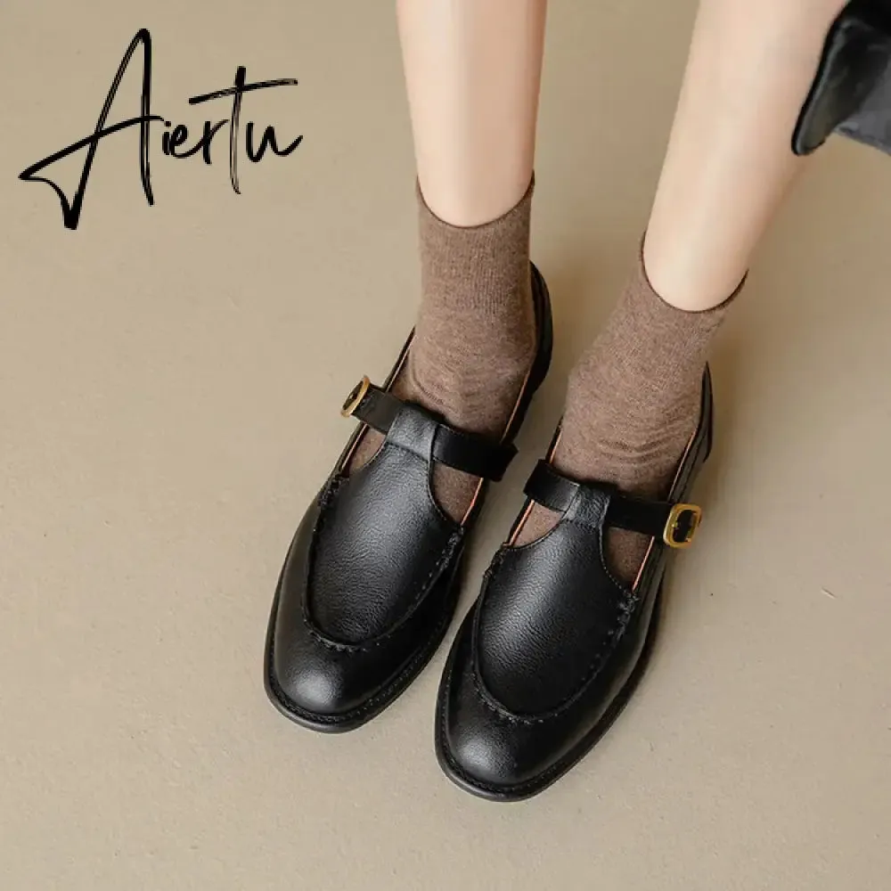 Aiertu NEW Spring Women's Pumps Genuine Leather Shoes for Women Round Toe Chunky Heel Shoes Retro Low Heel Mary Janes Retro Brown Shoes