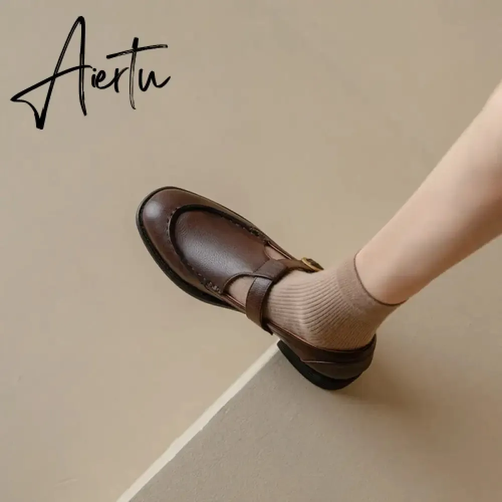 Aiertu NEW Spring Women's Pumps Genuine Leather Shoes for Women Round Toe Chunky Heel Shoes Retro Low Heel Mary Janes Retro Brown Shoes