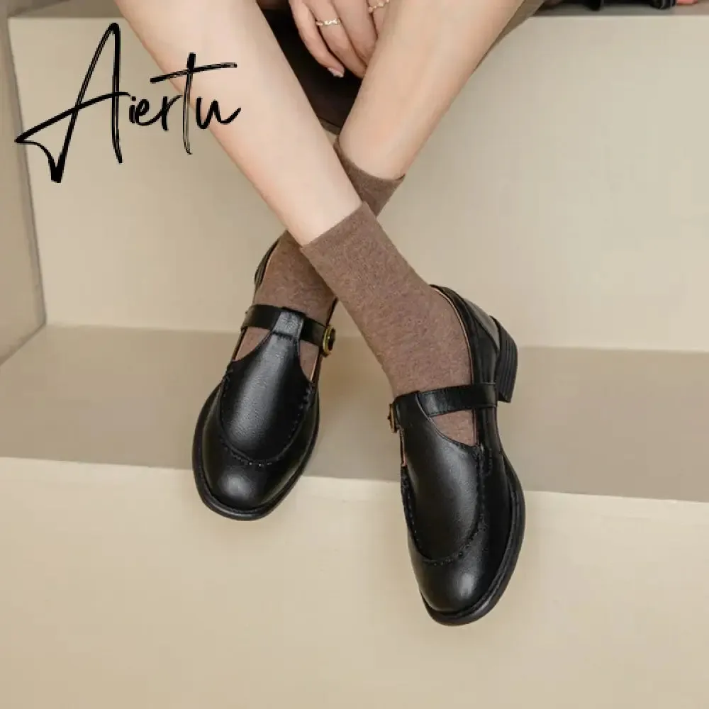 Aiertu NEW Spring Women's Pumps Genuine Leather Shoes for Women Round Toe Chunky Heel Shoes Retro Low Heel Mary Janes Retro Brown Shoes