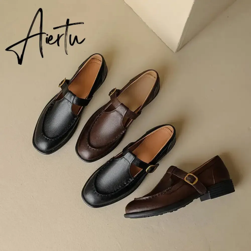 Aiertu NEW Spring Women's Pumps Genuine Leather Shoes for Women Round Toe Chunky Heel Shoes Retro Low Heel Mary Janes Retro Brown Shoes