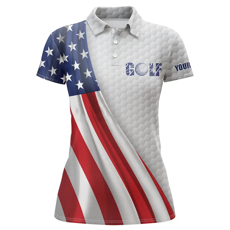 American Flag White Golf Ball Skin Womens Golf Polo Shirts Custom Name Patriotic Golf Tops For Women