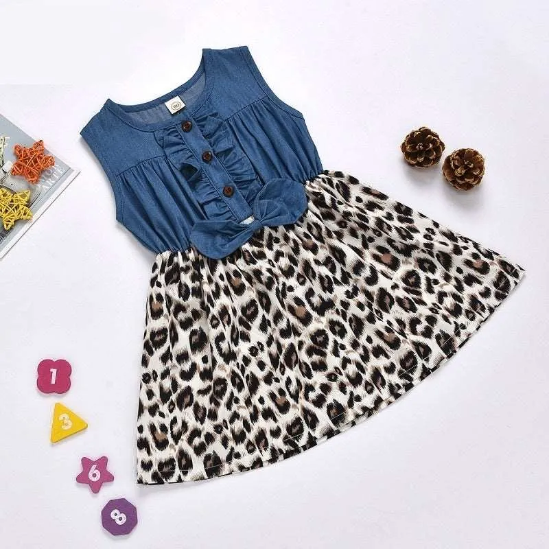 Baby Girl Cotton Blue and Leopard Print Dress