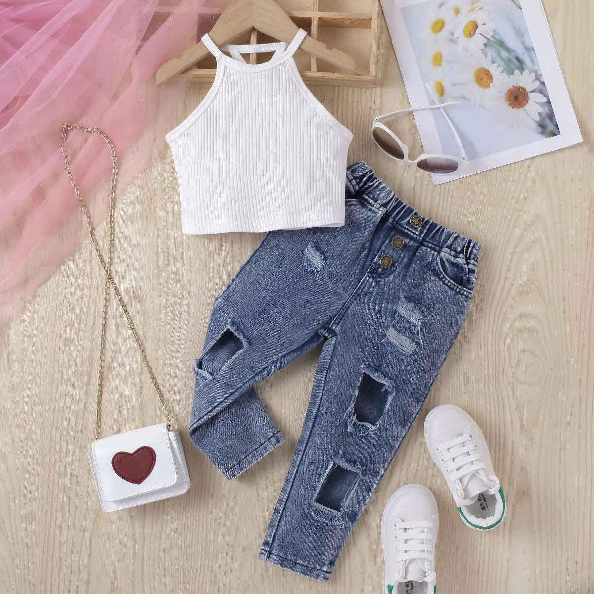 Baby Girl Solid Color Sleeveless Top and Denim Trousers Two-piece Outfit Set