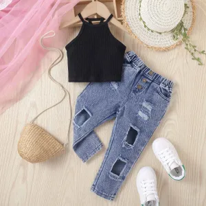 Baby Girl Solid Color Sleeveless Top and Denim Trousers Two-piece Outfit Set