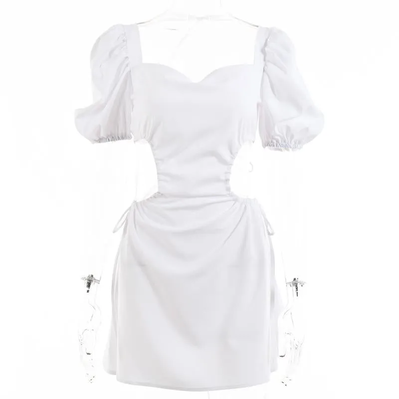 Backless Tie-Up Solid Bubble Sleeve Stretch Dress