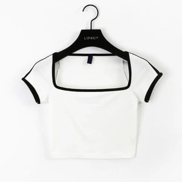 Big Neckline Collarbone Bubble Sexy French High Waist Short Sleeve Tees