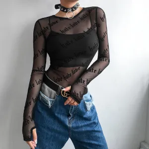 Black Transparent Sexy Summer Mesh Gothic Letter Printed Long Sleeve