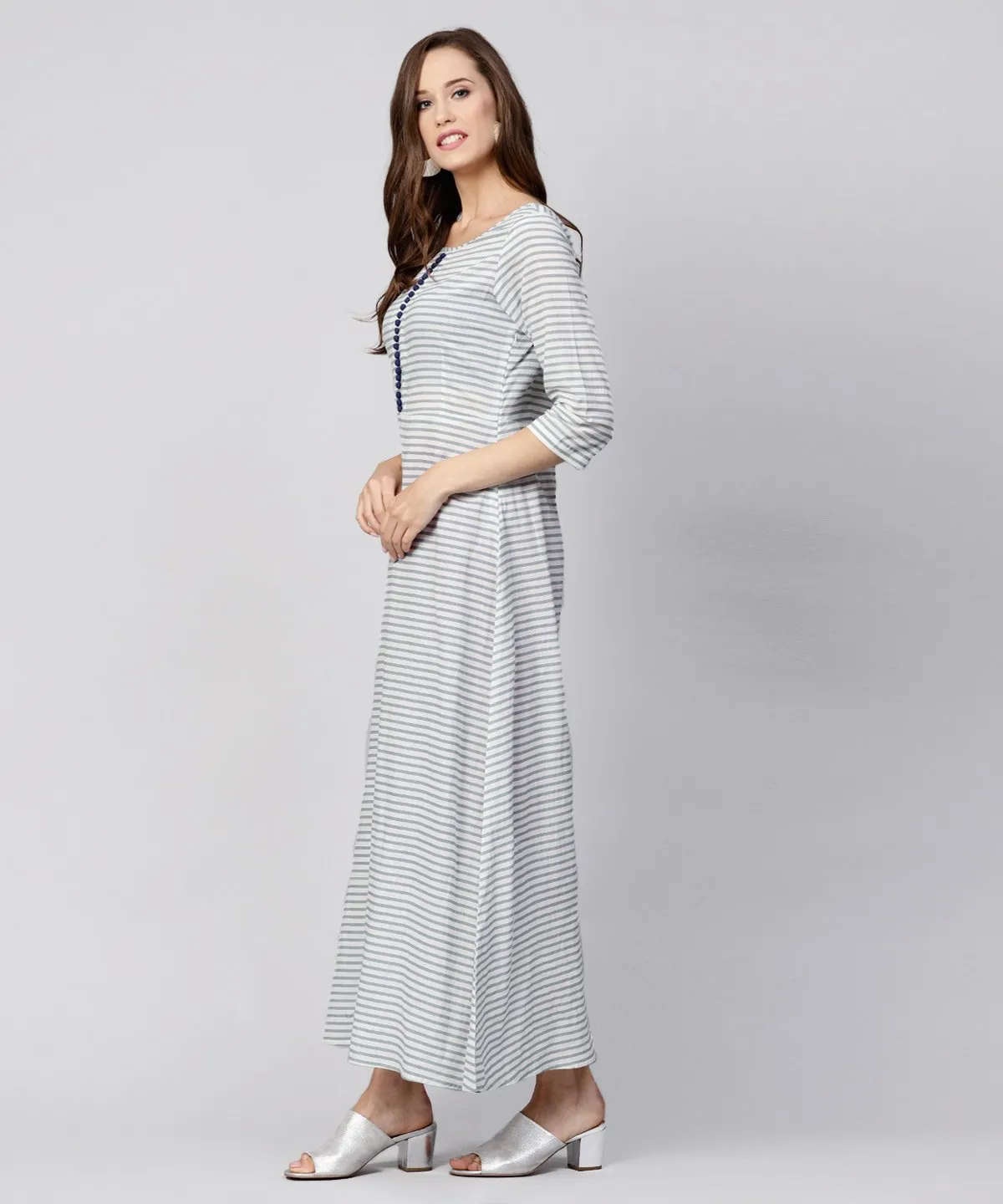 Blue Striped 3/4Th Sleeve Cotton A-Line Maxi Dress