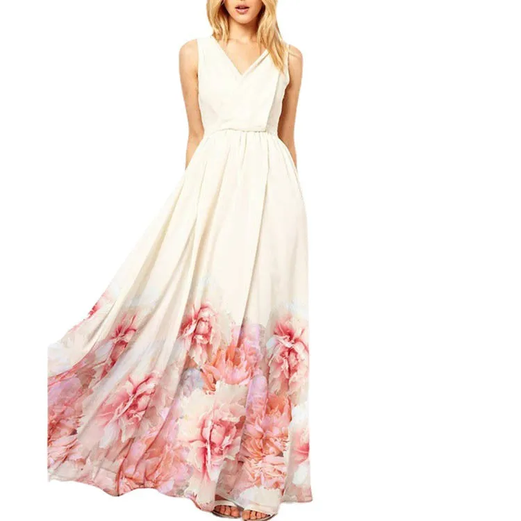 Bohemian Sleeveless Deep V Neck Flower Print Long Dress