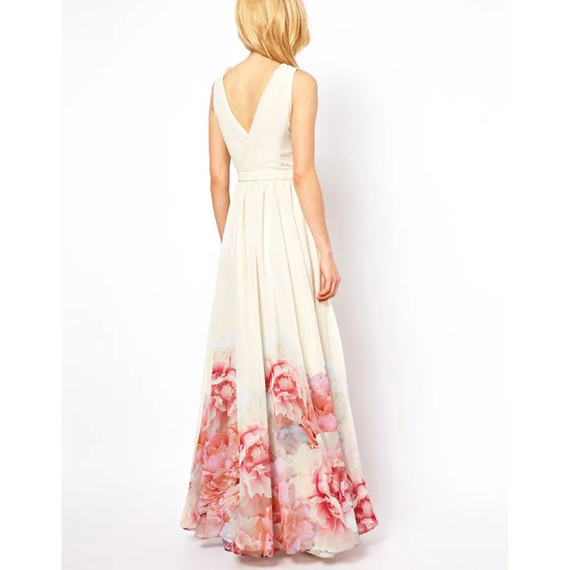 Bohemian Sleeveless Deep V Neck Flower Print Long Dress