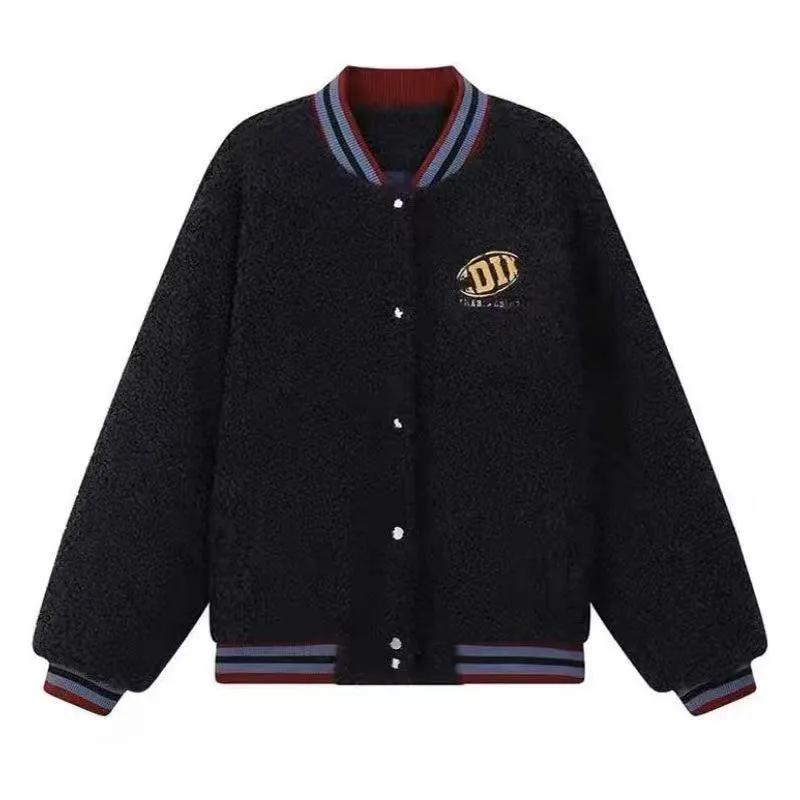 Casual Retro Warmth Thickened Lamb Teddy Varsity Jacket