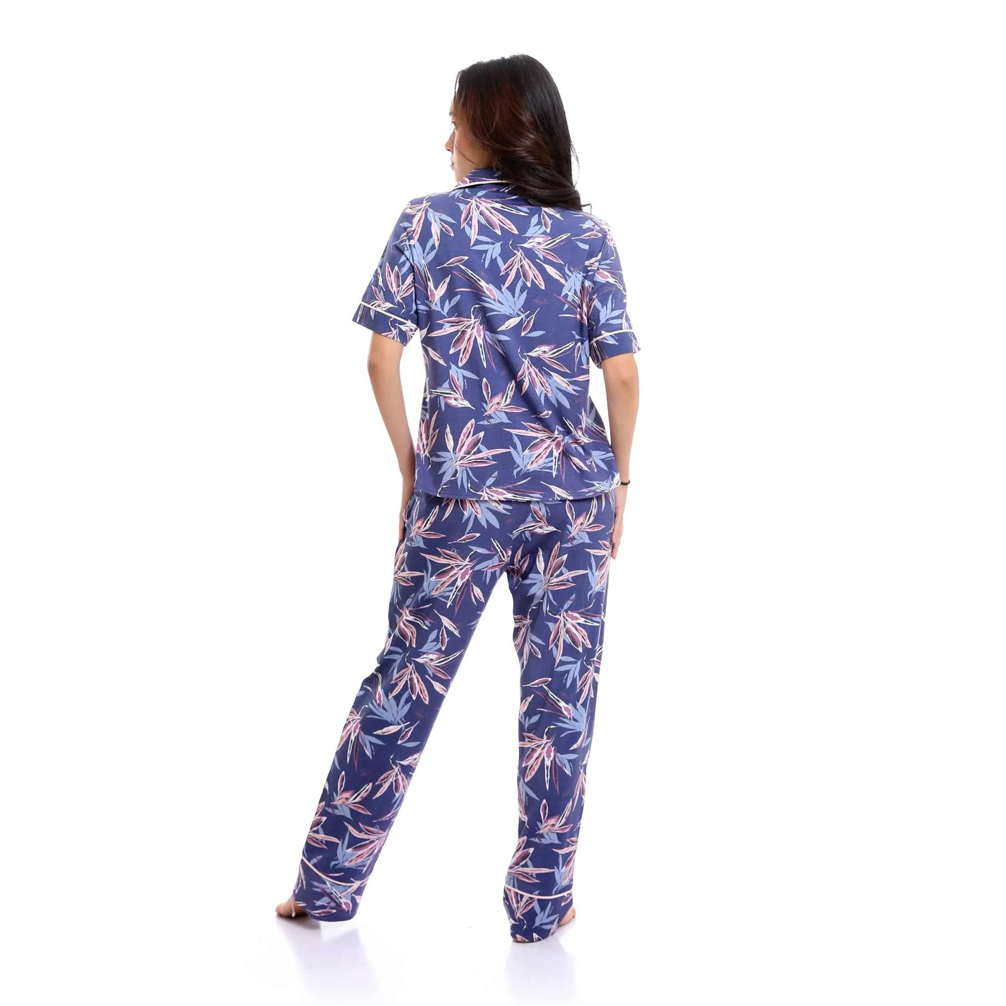 Classic Collar Patterned Short Sleeves Pajama Set - Indigo & Purple