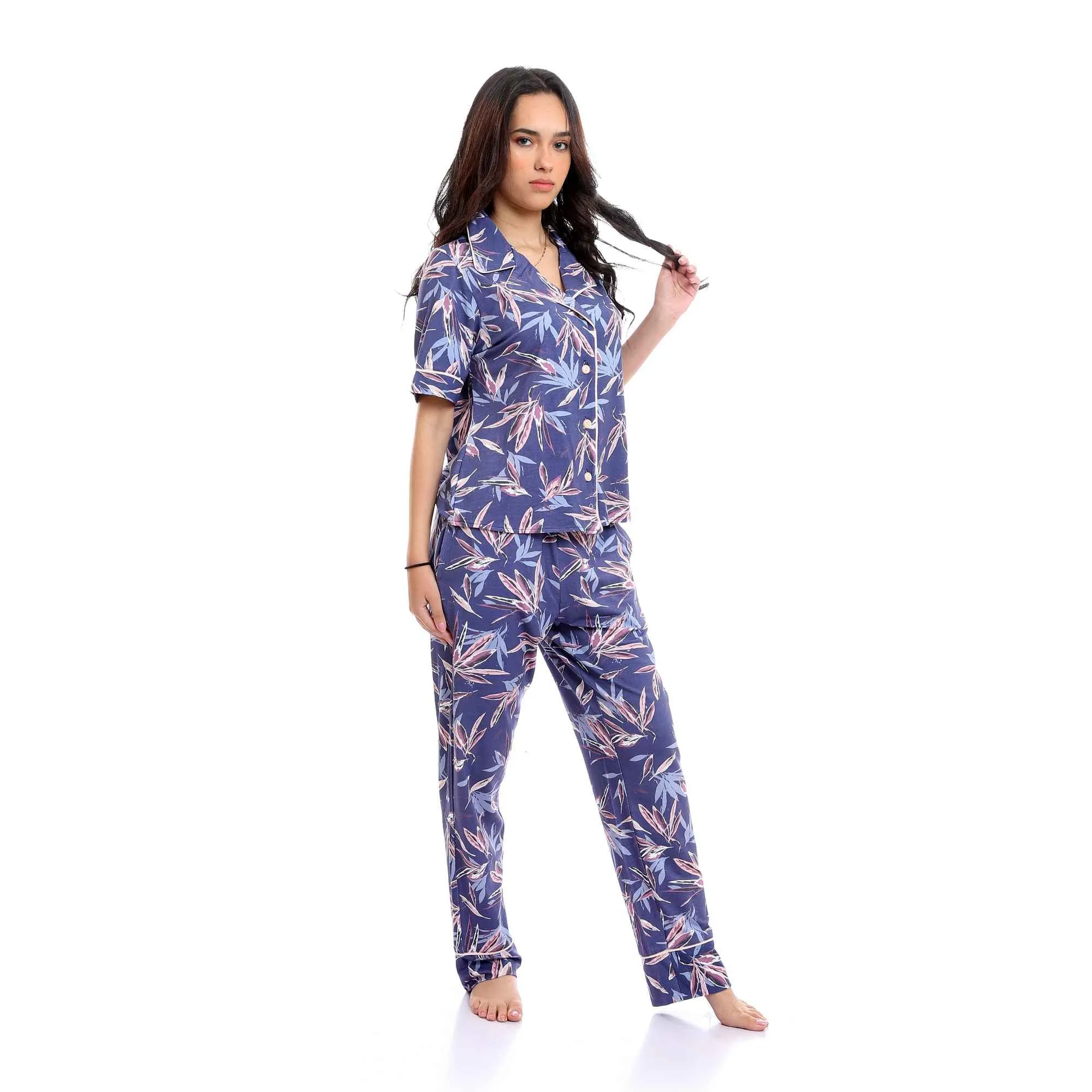 Classic Collar Patterned Short Sleeves Pajama Set - Indigo & Purple