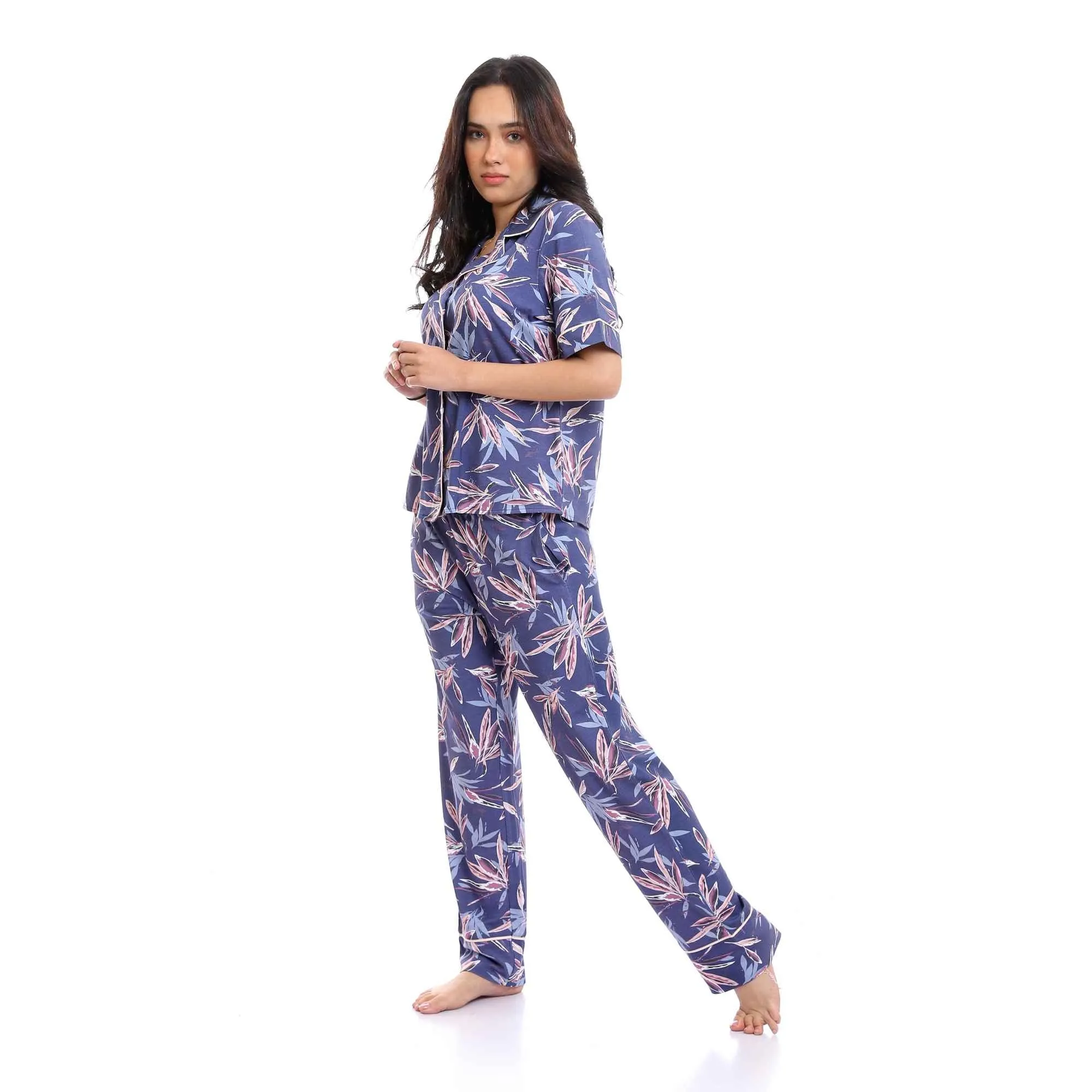 Classic Collar Patterned Short Sleeves Pajama Set - Indigo & Purple