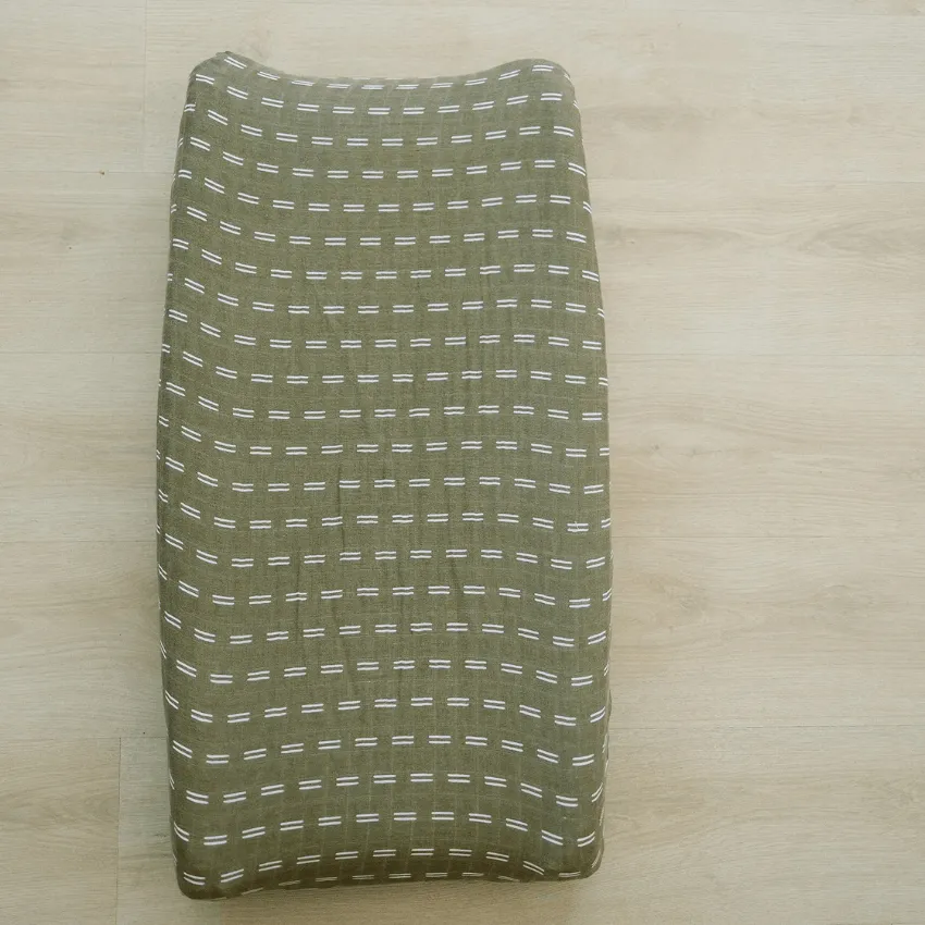 Cotton Muslin Change Pad Cover, Olive Strokes