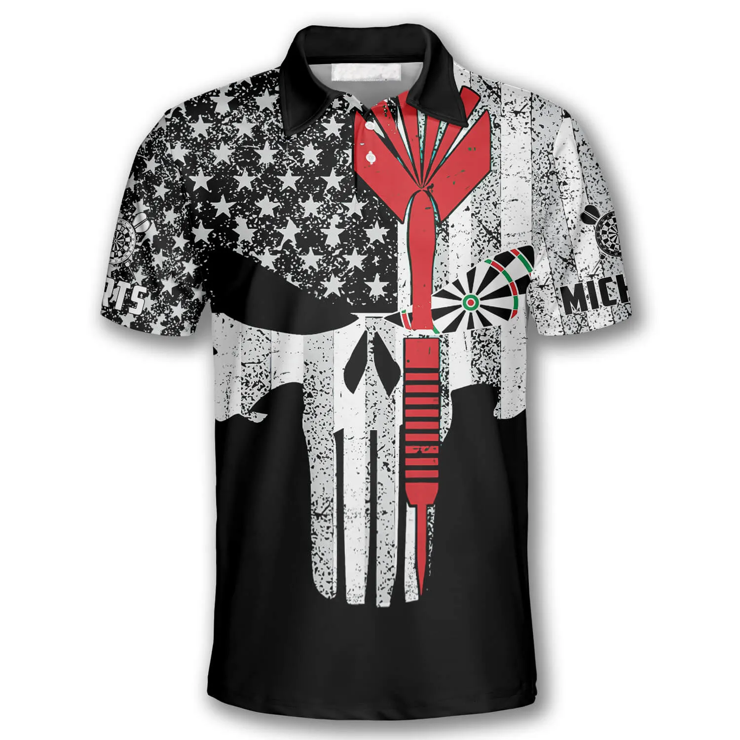 Darts Punisher Skull Custom Polo Shirts for Men, Custom Name Dart Shirt