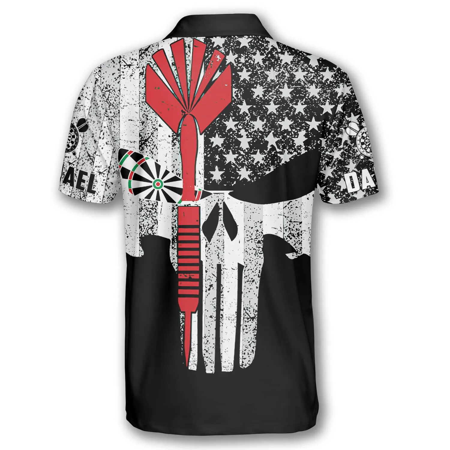 Darts Punisher Skull Custom Polo Shirts for Men, Custom Name Dart Shirt