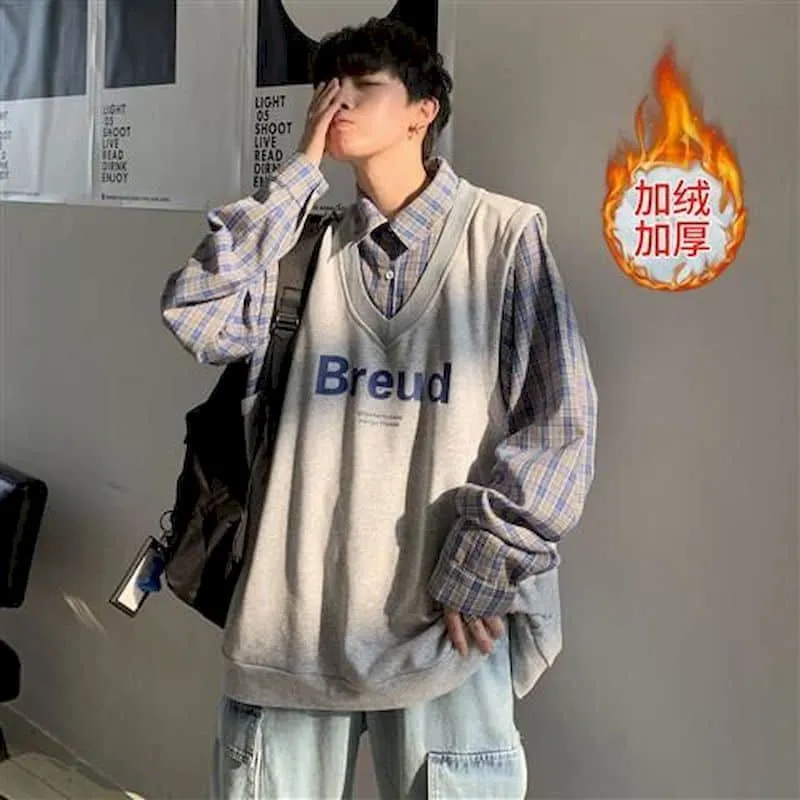 Fake two-piece shirt Men Hong Kong style spring autumn loose plaid shirt jacket Korean Hip Hop student clothes cool Streetwear