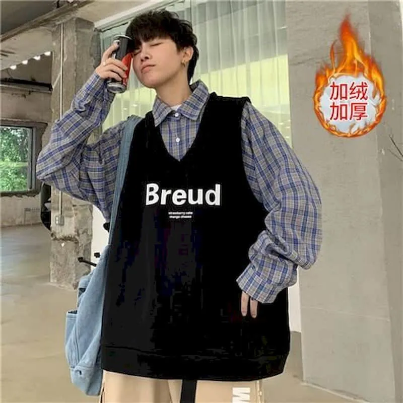 Fake two-piece shirt Men Hong Kong style spring autumn loose plaid shirt jacket Korean Hip Hop student clothes cool Streetwear