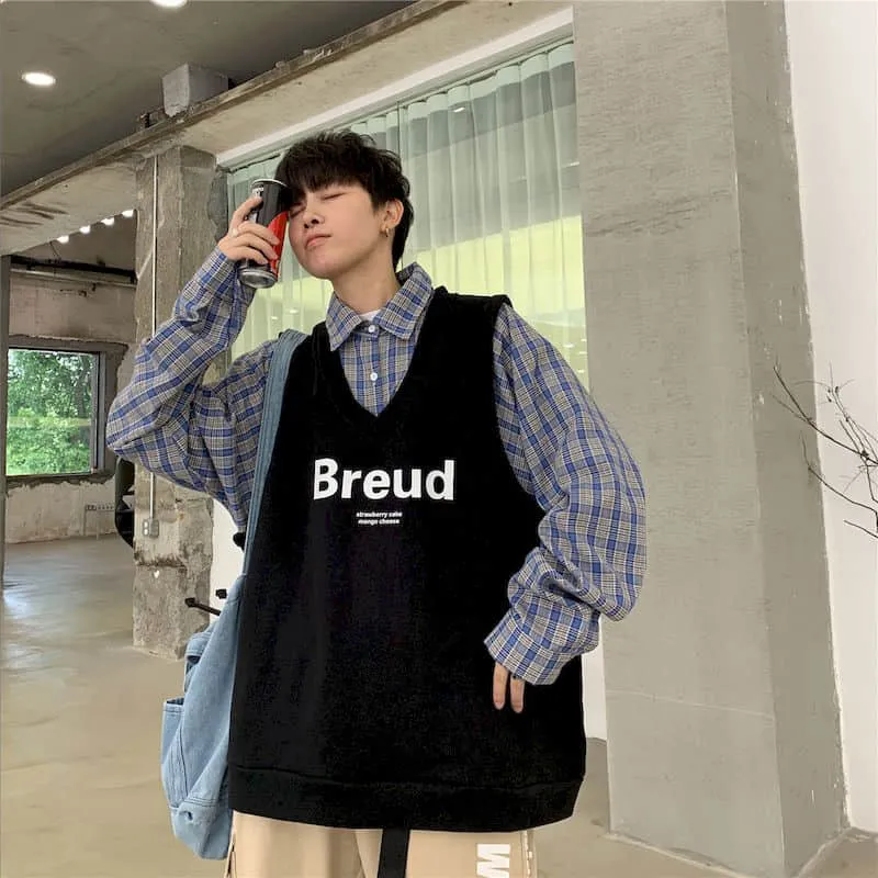 Fake two-piece shirt Men Hong Kong style spring autumn loose plaid shirt jacket Korean Hip Hop student clothes cool Streetwear