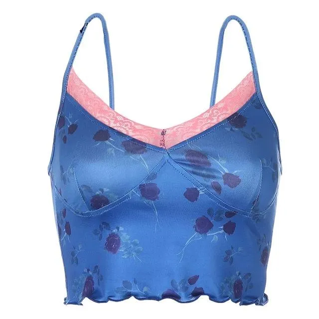 Flower Print Summer Casual Tank Tops For Women Streetwear Fashion Lace Edge Sleeveless V Neck Sexy Female Crop Top Blue