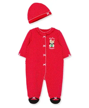 Footed Onesie and Hat Set | Baby Girl First Christmas With Bear and Ruffle Details | Little Me