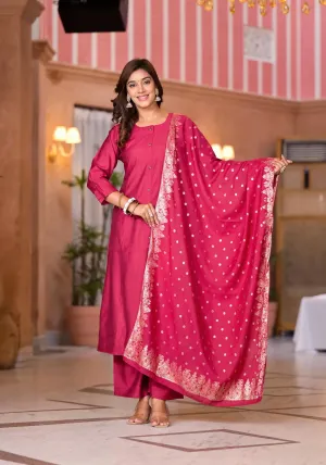 Fuchsia Zari Embroidered Cotton Kurta Set With Button Closure