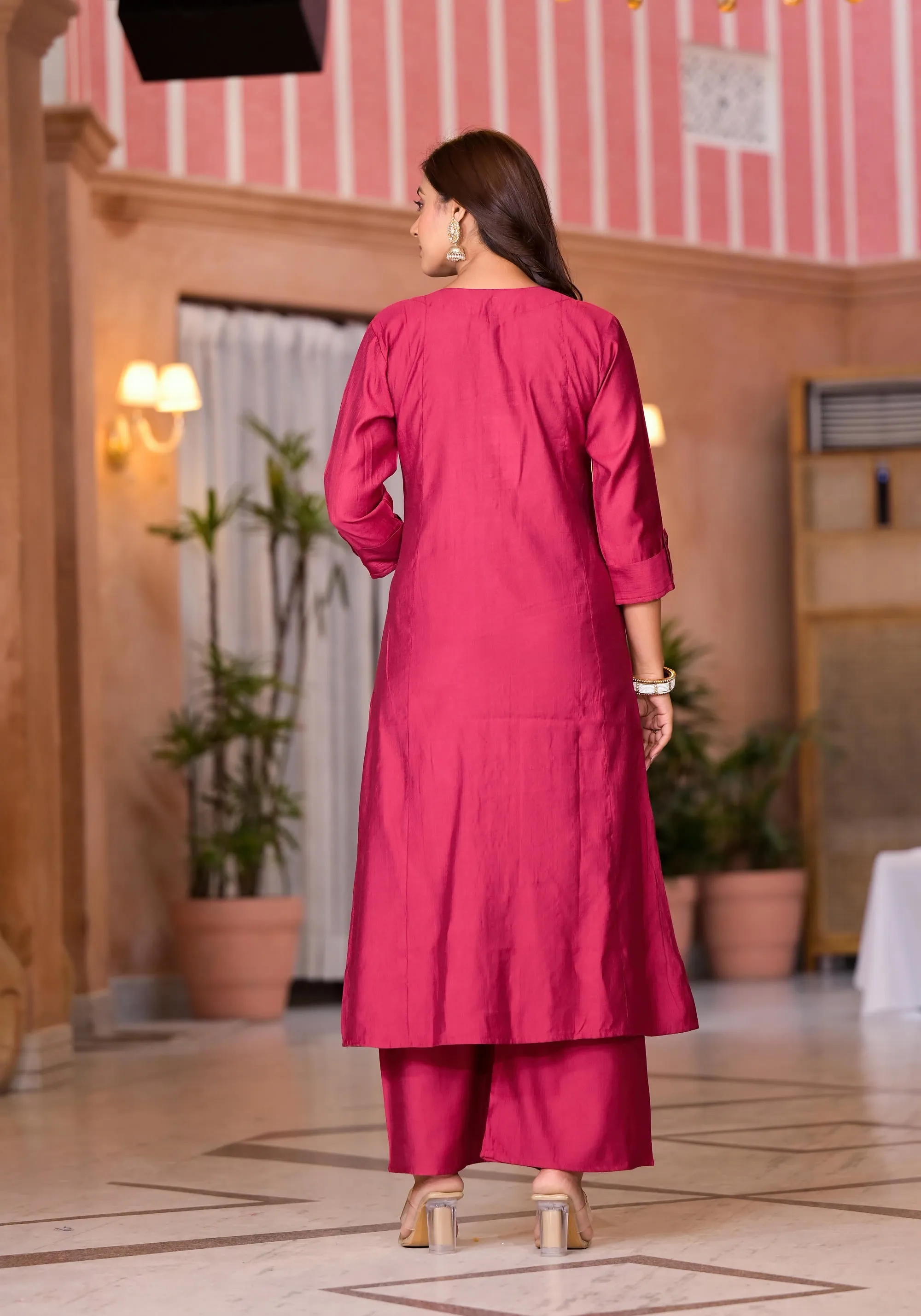 Fuchsia Zari Embroidered Cotton Kurta Set With Button Closure