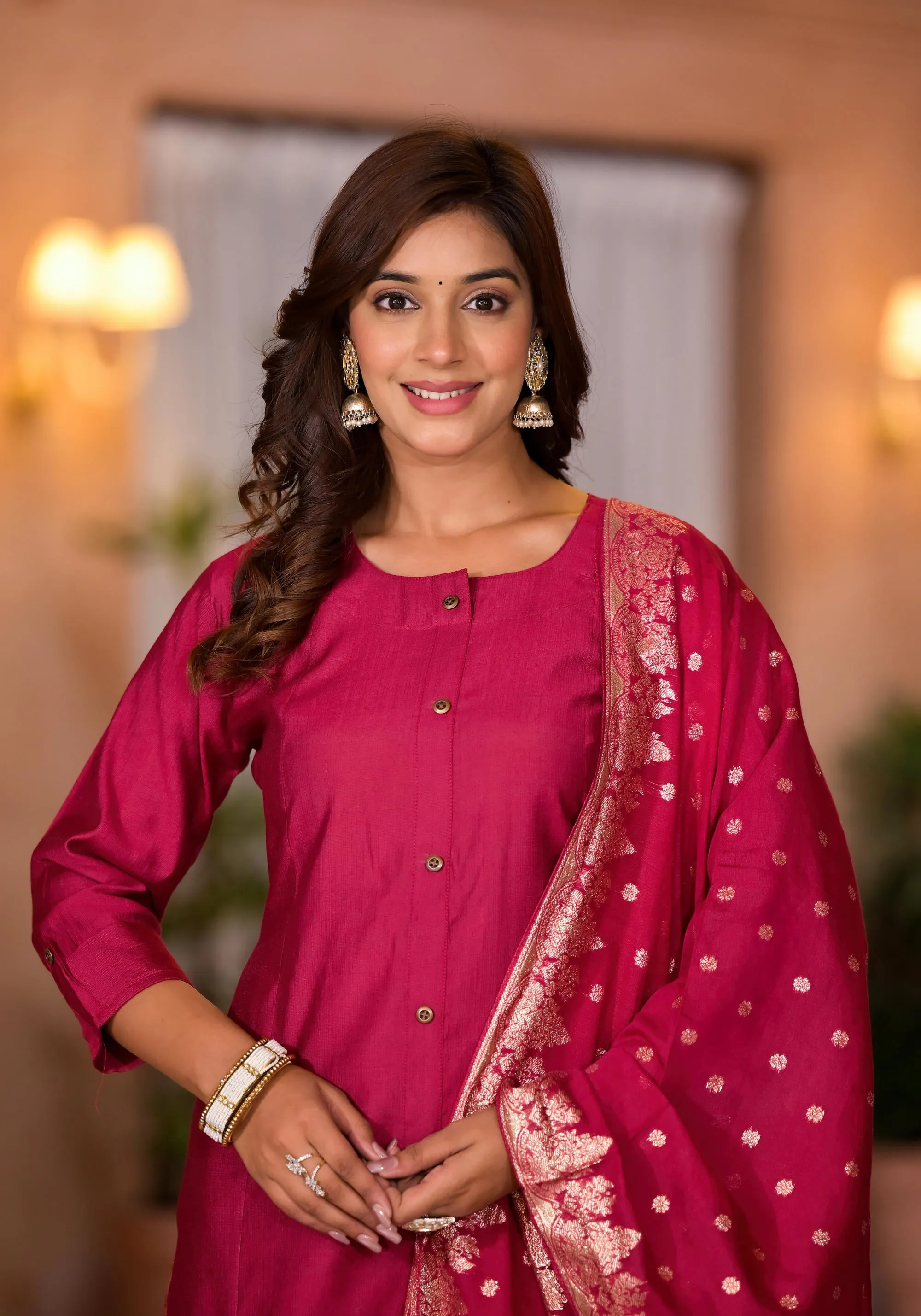 Fuchsia Zari Embroidered Cotton Kurta Set With Button Closure