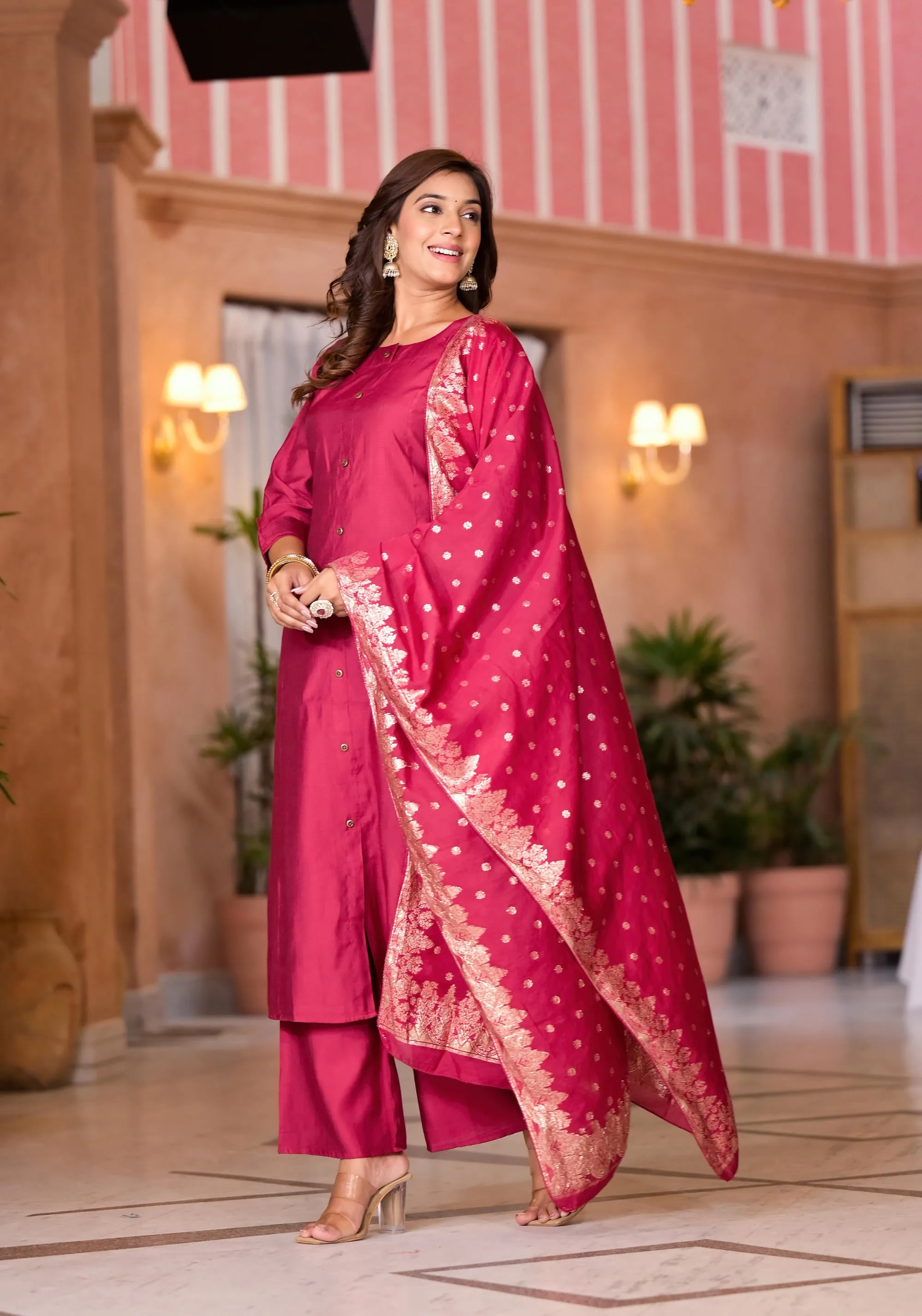 Fuchsia Zari Embroidered Cotton Kurta Set With Button Closure