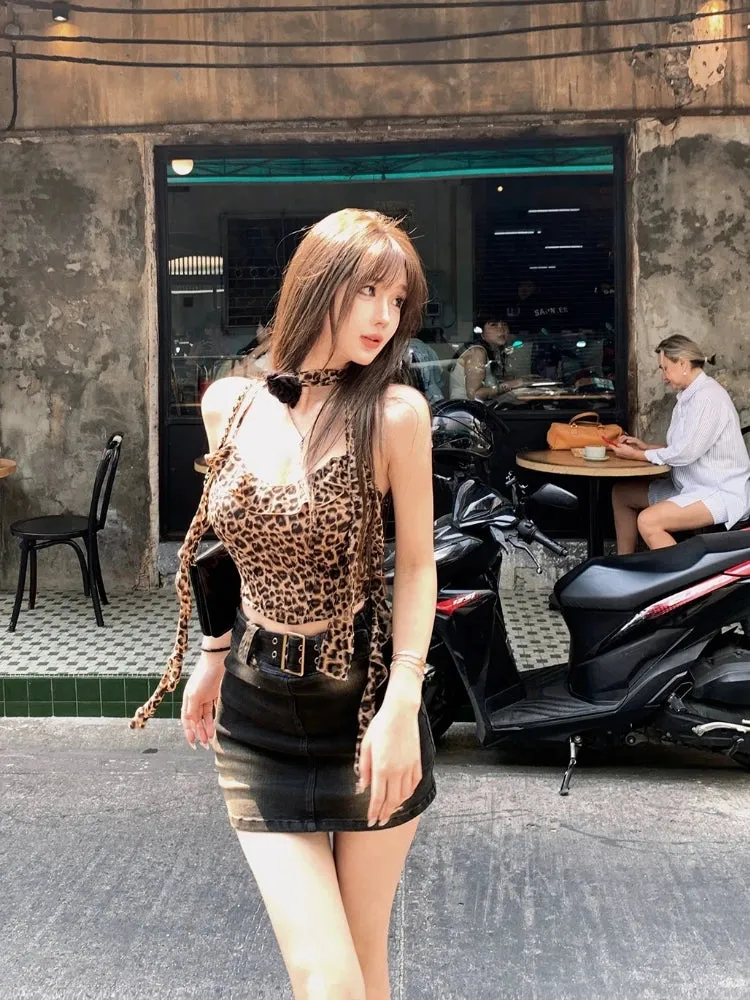 Girlary 2000s Vintage Leopard Vest Women Casual Y2k Crop Tops Sexy Female Outwear Summer Korean Fashion Elegant Tank Tops Blouse Shirt