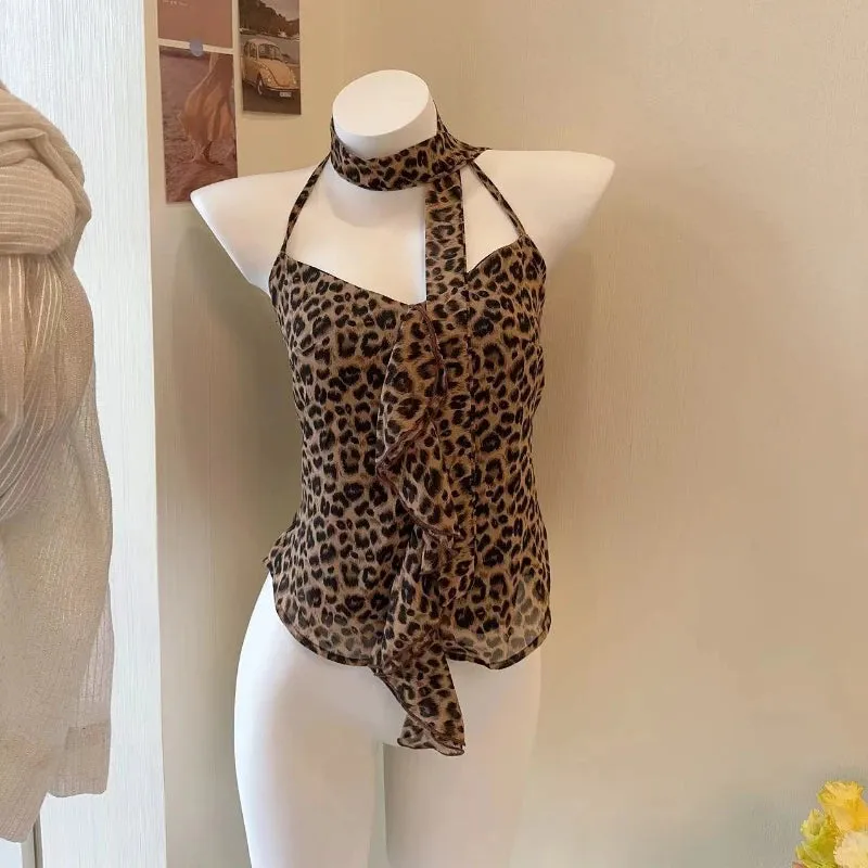 Girlary 2000s Vintage Leopard Vest Women Casual Y2k Crop Tops Sexy Female Outwear Summer Korean Fashion Elegant Tank Tops Blouse Shirt