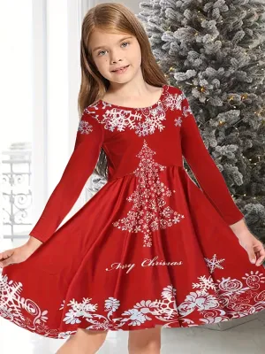 Girls' Festive 3D Snow Print Graphic Long Sleeve Dress - Activewear for Kids - Christmas Party Wear with Elegant Design and Comfortable Fabric