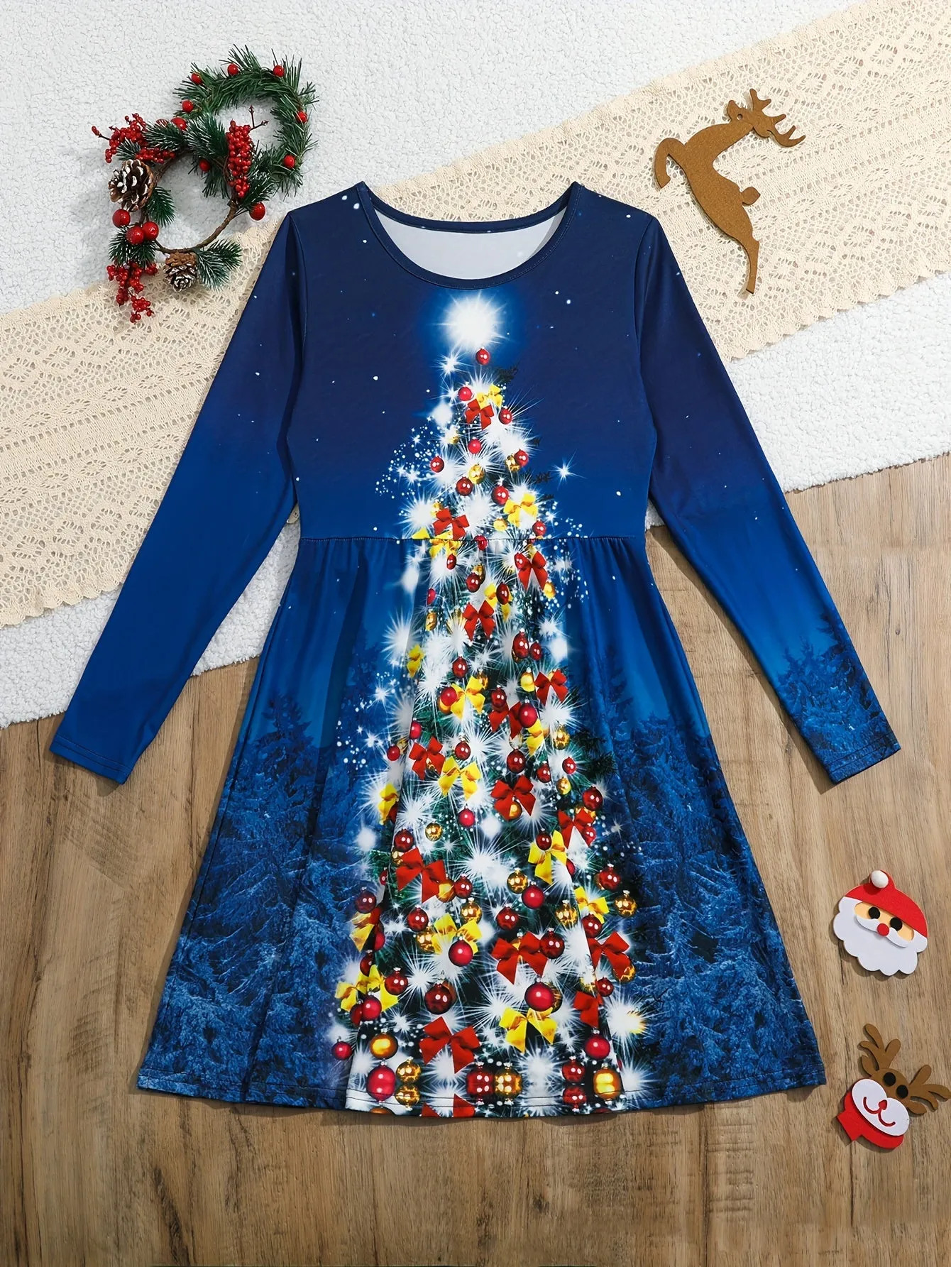 Girls' Festive 3D Snow Print Graphic Long Sleeve Dress - Activewear for Kids - Christmas Party Wear with Elegant Design and Comfortable Fabric