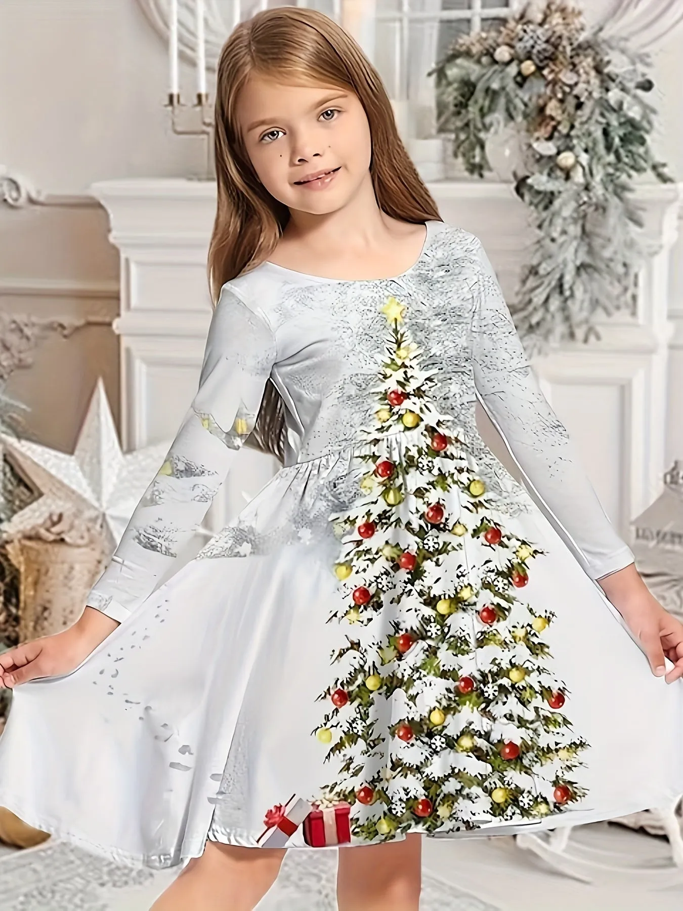 Girls' Festive 3D Snow Print Graphic Long Sleeve Dress - Activewear for Kids - Christmas Party Wear with Elegant Design and Comfortable Fabric