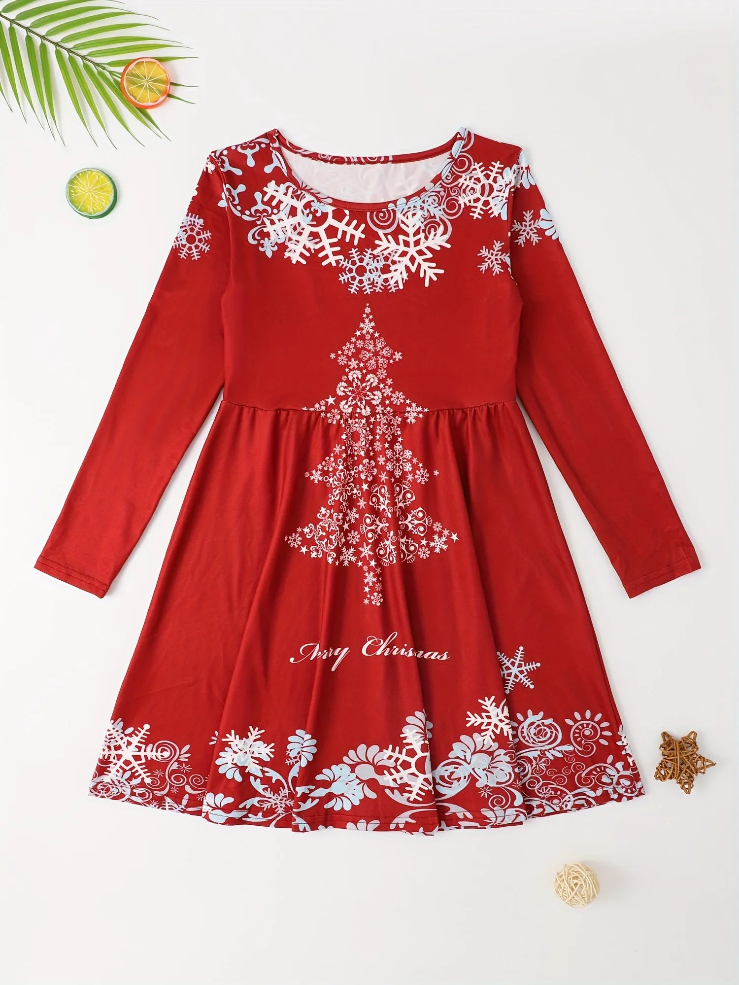 Girls' Festive 3D Snow Print Graphic Long Sleeve Dress - Activewear for Kids - Christmas Party Wear with Elegant Design and Comfortable Fabric