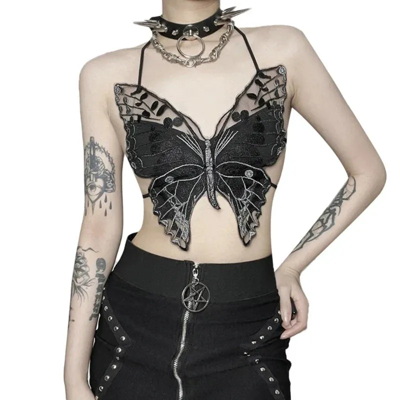 Gothic Backless Black Crop Halter Strappy Butterfly-Shape Sexy Top