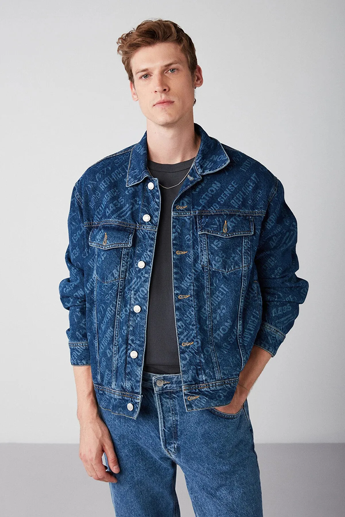 Grimelange Men's Denim Blue Laser Printed Thick Textured Jacket