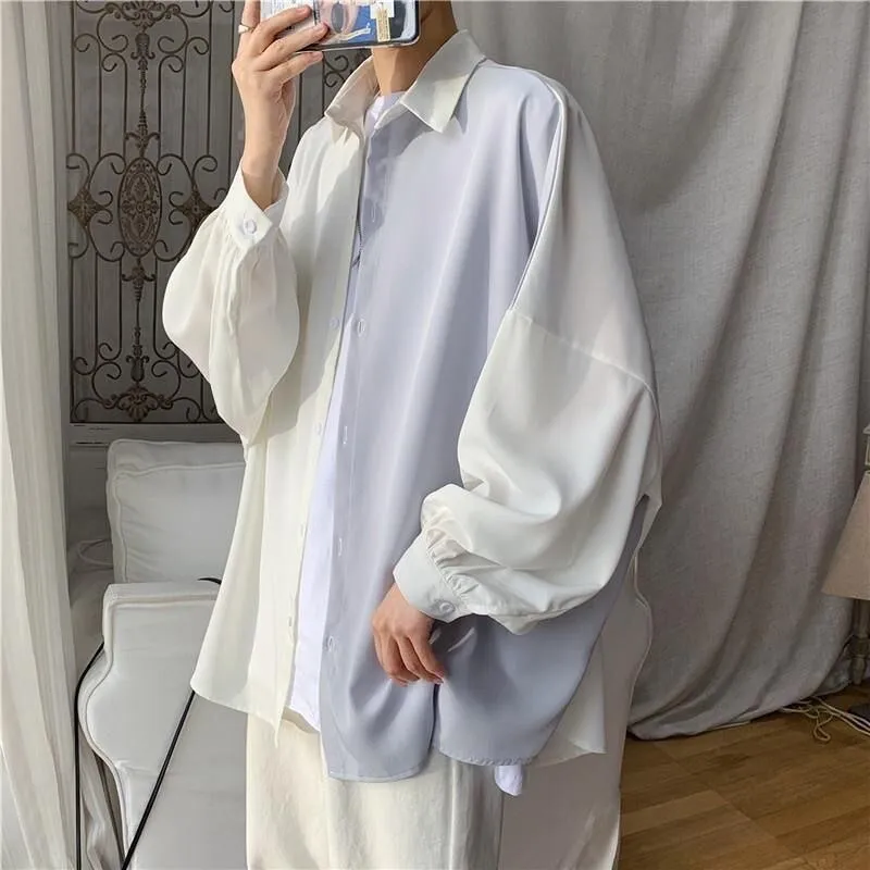 High street cold shirt men women aesthetic niche trend loose stitching long-sleeved blouse Hong Kong style lovers elegant shirt