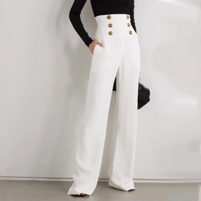 High Waisted Buttons Front White Wide-leg Pants