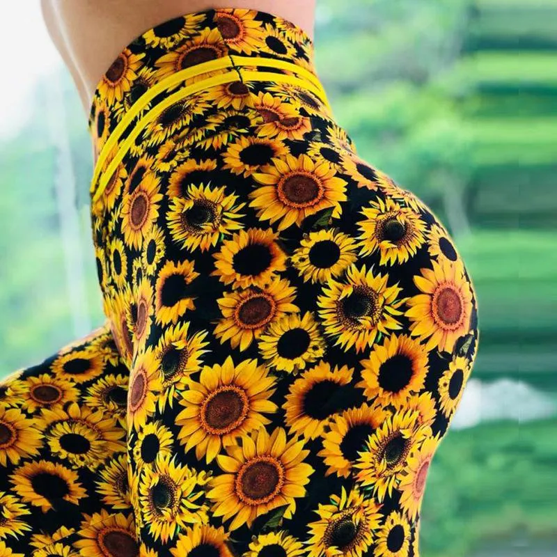 High-Waisted Outdoor Quick-Drying Sunflower Print Hip-Hugging Yoga Sports Sports Leggings