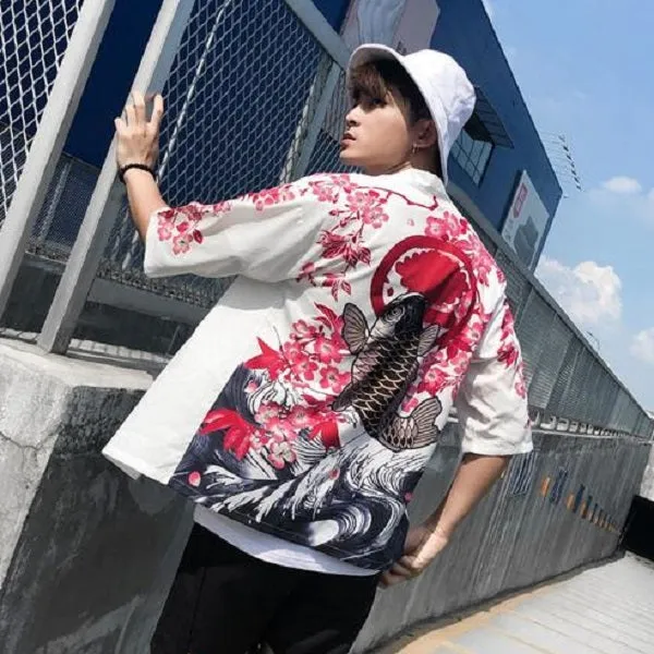 Japanese Cherry Fish Printed Harajuku Kimono Tees